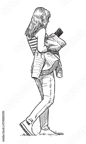 One young slim modern city girl with smartphone, long hair, side view, walking outdoors, realistic sketch, vector hand drawing