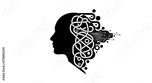 Human head silhouette with intricate digital brain and circuitry isolated on white background