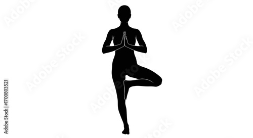 Woman performing yoga tree pose silhouette isolated on white background
