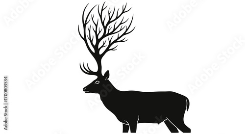 Majestic deer silhouette with tree like antlers isolated on white background