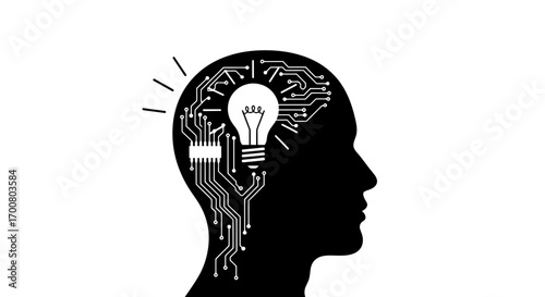 Human head silhouette with light bulb and circuit board representing idea isolated on white background