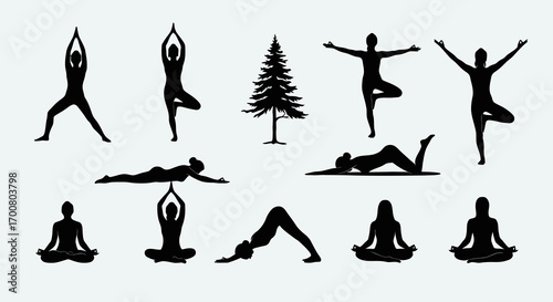 Collection of yoga poses silhouette isolated on white background