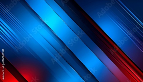 Abstract, vibrant composition with layered blue and red angled lines creating depth and dynamic visual interest