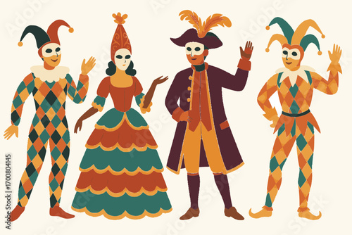 Colorful Venetian carnival illustration with jesters, masked characters, and festive costumes