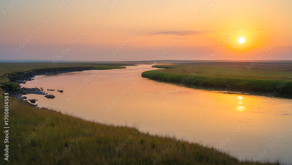 Fototapeta premium A serene river flows through a grassy landscape under a vibrant sunset sky, casting a warm orange glow on the water