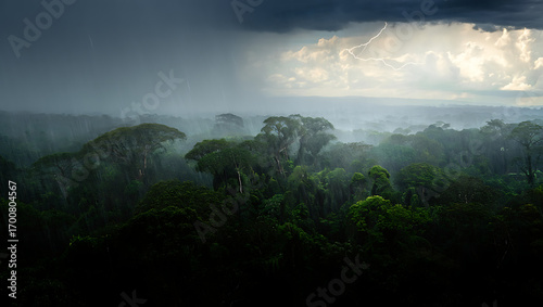 A dramatic lightning strike illuminates the stormy sky over a dense, misty rainforest canopy