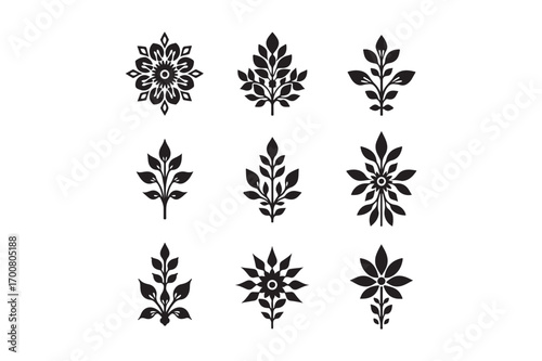 Collection of nine black floral ornaments and designs
