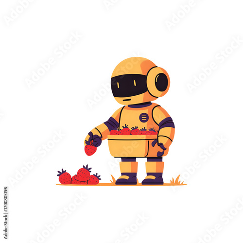 Friendly robot happily harvesting fresh strawberries in a field