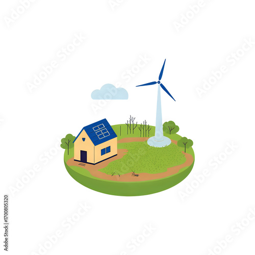 Sustainable home with solar panels and wind turbine on a small green island