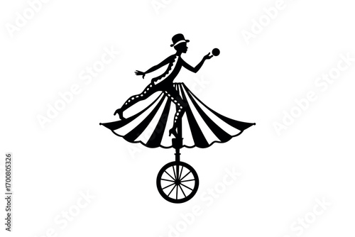 a graceful performer balancing on unicycle with striped dress silhouette