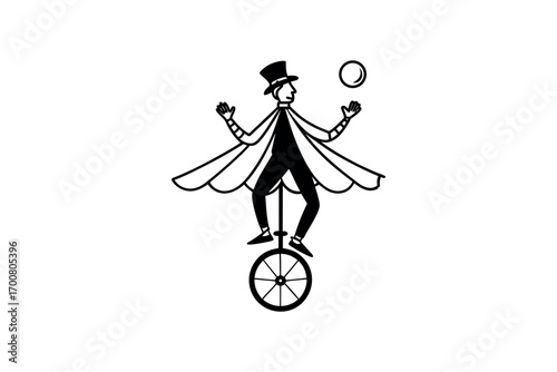 a man balancing on unicycle juggling objects silhouette