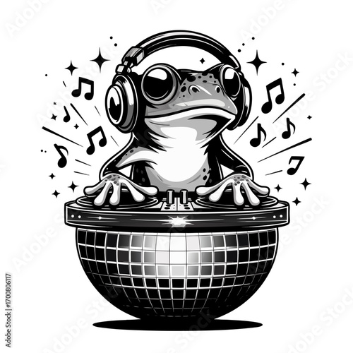 A black and white illustration of a frog DJ wearing large
headphones and sunglasses, sitting on top of a disco ball turntable