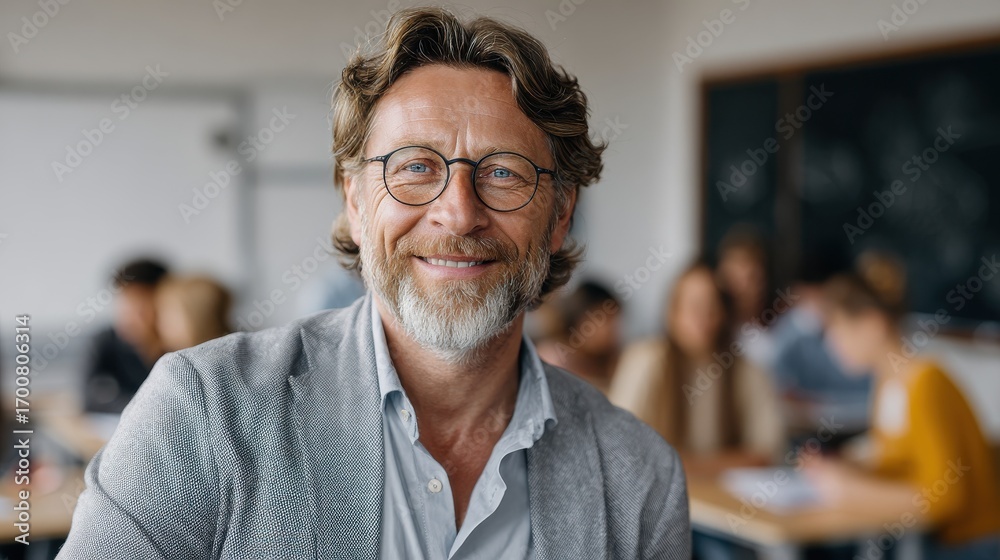 Obraz premium portrait of mature teacher looking at camera with copy space happy mid adult lecturer at classroom standing after giving lecture satisfied high school teacher smiling while his students studying no l