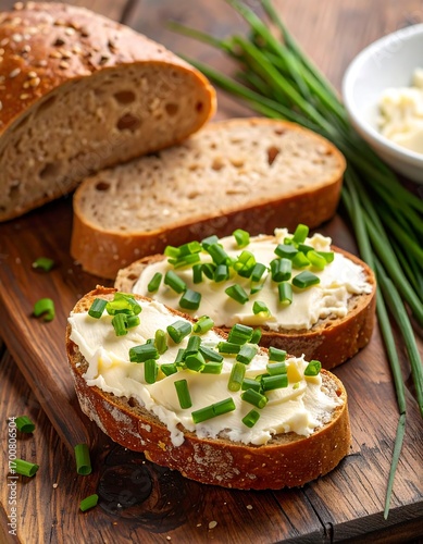 Sliced bread with butter and chives on a wooden board