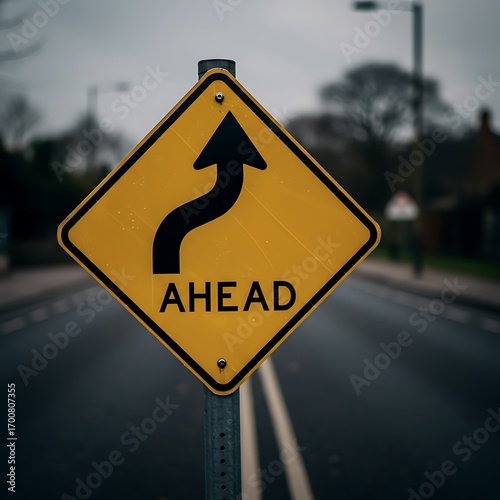 Ahead Arrow Sign for Winding Road on a Suburban Street