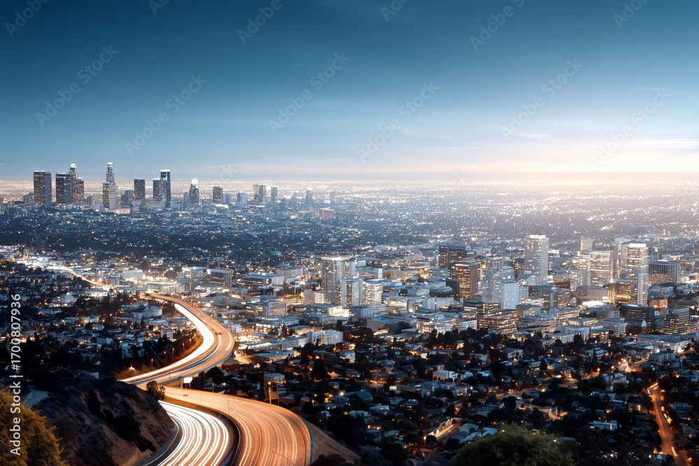 Fototapeta premium Night cityscape aerial view with urban skyline at dusk and highway light trails. City metropolis panoramic landscape for travel concept.