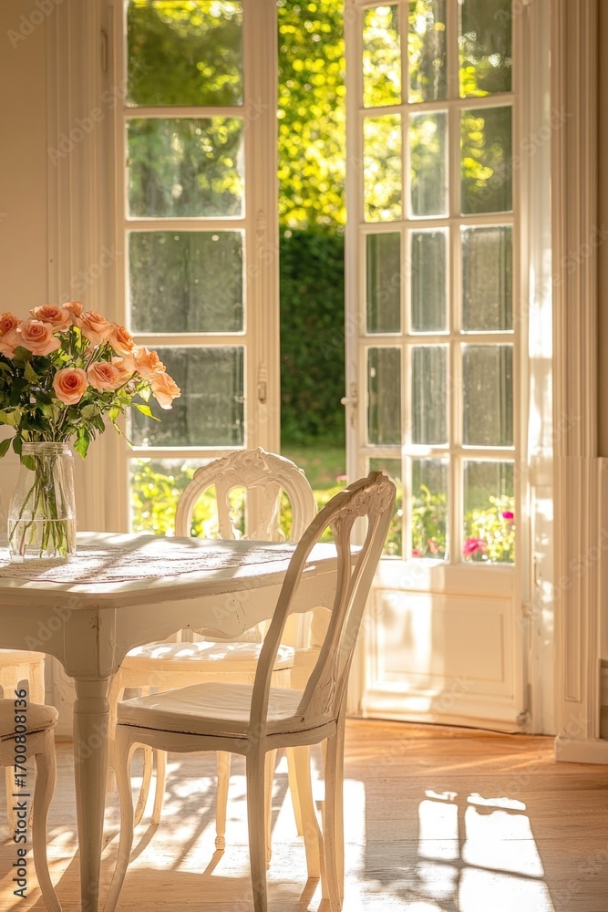 Fototapeta premium Sunlight streams through doors with flowers