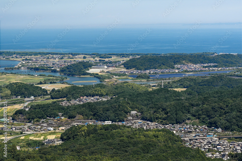 Fototapeta premium Scenic View of Town, River and Ocean from Ise Shima Skyline, Japan