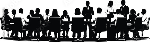 Business Meeting Silhouette – Vector Scene of Professionals Around Table with Presenters Depicting Leadership, Collaboration, and Corporate Communication