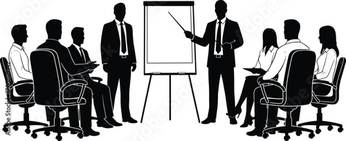 Business Meeting Silhouette – Vector Scene of Team Around Table with Presenter Holding Tablet, Depicting Leadership, Collaboration, and Communication