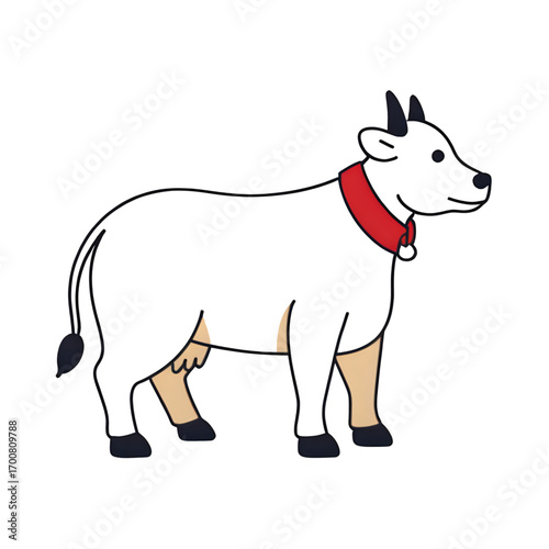 Charming white cow with a red collar stands peacefully in profile.