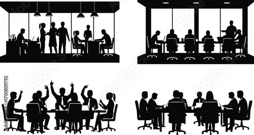 Four Business Meeting Silhouettes – Vector Set Depicting Office Collaboration, Team Discussion, Voting, Presentation, and Corporate Workspaces