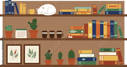 Bookshelf illustration, cozy home library, sleeping cat, potted plants, coffee cups, decorative shelf items, wall art, vector design, reading decor