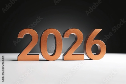 Bronze 3D numbers 2026 on white surface with dark background and subtle shadows