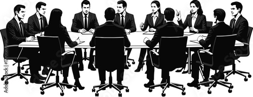Ten Business Professionals Around Conference Table – Silhouette Vector Depicting Corporate Meeting, Teamwork, Communication, and Formal Decision-Making