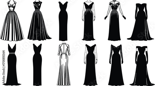 Twelve Elegant Black Evening Gown Silhouettes – Formal Fashion Vector Set Featuring Diverse Styles, Necklines, Sleeves, and Dress Designs
