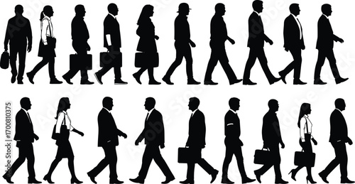Twenty Business Professionals Walking – Silhouette Vector Set Featuring Suits, Briefcases, Hard Hats, and Diverse Corporate Roles in Motion