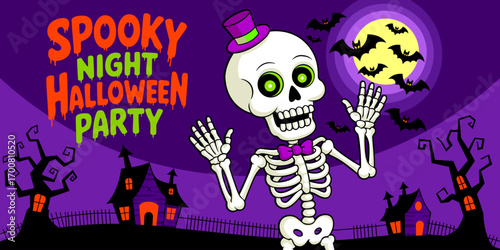 Spooky night Halloween party banner. Happy Halloween party greeting card. Halloween night Invitation. Halloween card design. Spooky banner template. Spooky flyer design illustration. Promotion Poster