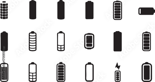 Vector art of various battery icons, showing different charge states, power levels, and energy storage solutions in a clean and modern style