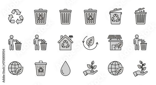 Recycling icons depicting various actions and symbols related to waste management.
