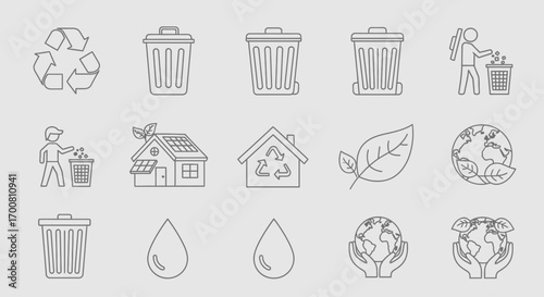 Recycling and environmental protection icons in a linear style.
