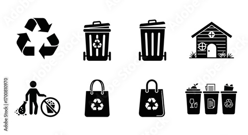 Recycling icons, showing various methods and containers for waste disposal, including a recycling symbol, trash cans, bags, and a person cleaning.