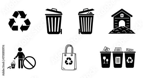 Recycling icons, waste disposal symbols, and garbage containers.