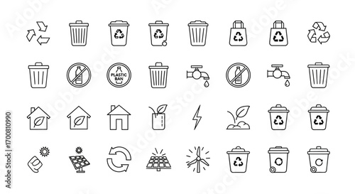 Collection of eco-friendly and recycling icons depicting waste disposal, renewable energy, and conservation.