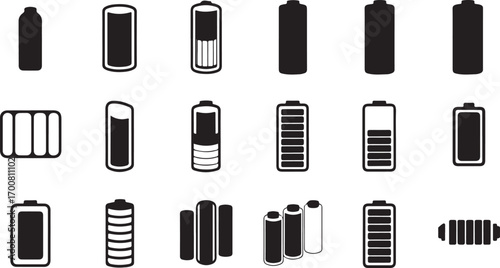 Illustration of various battery icons different battery charge level indicators power and energy concept vector illustration