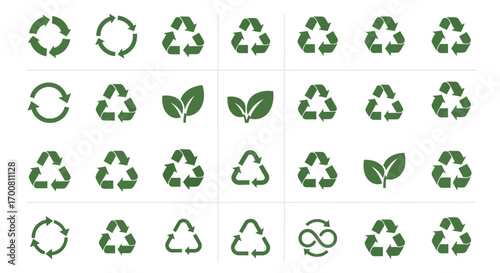 A diverse set of green recycling symbols and ecological icons. Vector collection for sustainability, conservation, and circular economy concepts