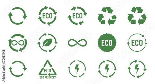A collection of green vector icons representing ecology and sustainability, including recycling symbols, renewable energy signs, and eco-friendly badges
