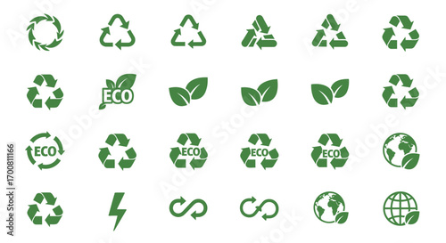 Vector collection of green environmental icons. Includes recycle, eco, sustainability, and nature symbols isolated on white