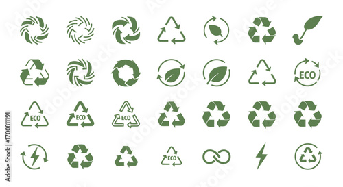 A comprehensive set of green recycling symbols and eco-friendly icons, representing environmental conservation and sustainability