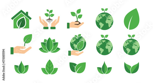 A collection of green eco-friendly icons representing environmental care, sustainability, and nature conservation