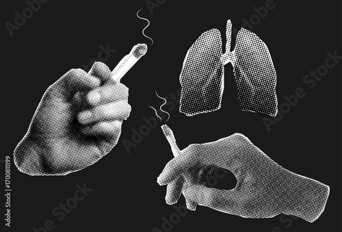 Trendy halftone collage elements,hand holding cigarette and lungs,smoking is harmful concept