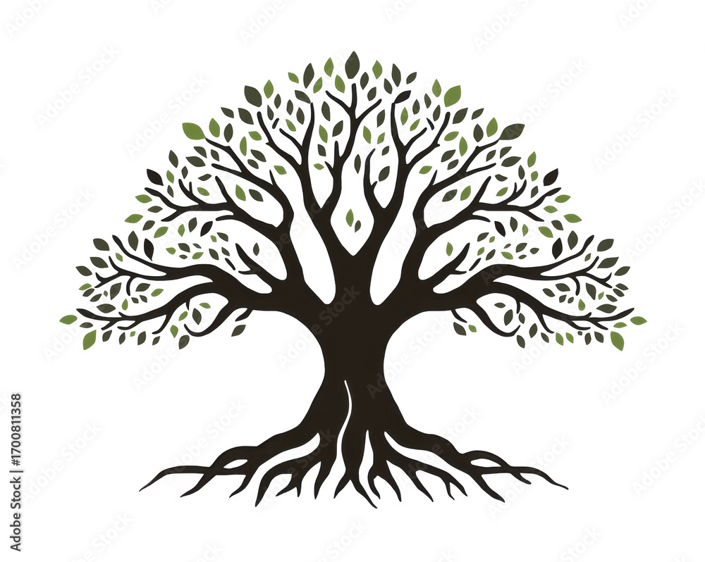 Obraz premium Detailed illustration of a lush tree with an expansive canopy and strong roots against pure backdrop