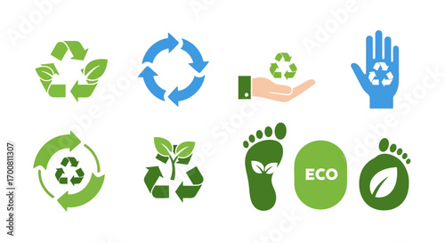 A diverse collection of flat design vector icons representing recycling, ecology, and environmental sustainability concepts