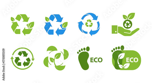 Set of green and blue ecology vector icons representing recycling, sustainability, and environmental conservation concepts