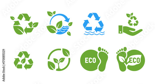 A collection of eco-friendly vector icons promoting sustainability, recycling, and environmental conservation concepts