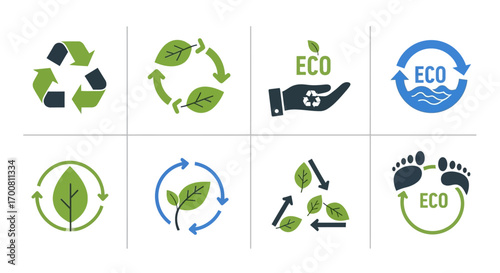 A modern collection of flat design vector icons for ecology, representing sustainable living, recycling, and environmental concepts
